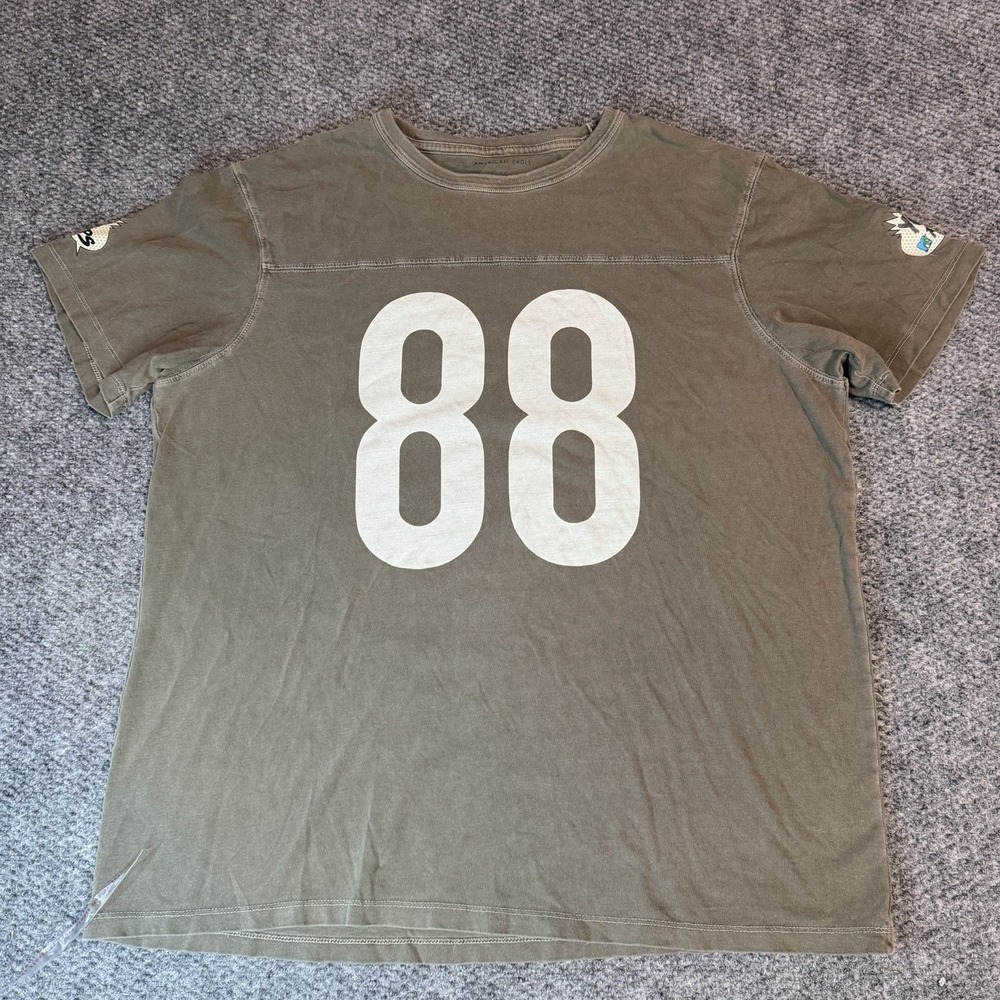 American Eagle Men Shirt L/G Olive Green Graphic MTV Logo Short Sleeve